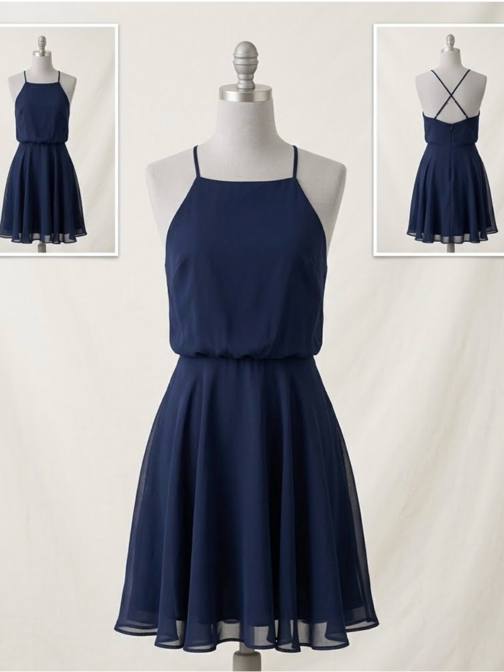 Chiffon Navy Spaghetti-Strap Mini Dress